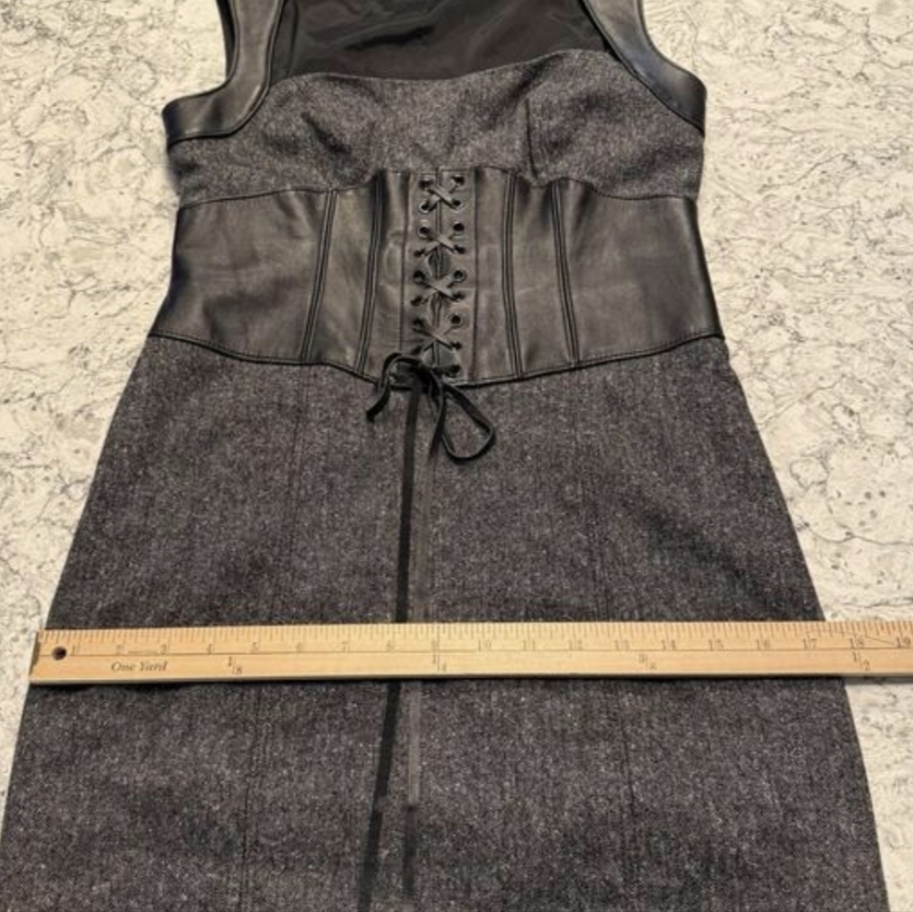 Bebe Vintage Y2K Real Leather Corset Wool Midi Pencil Dress Gray Tweed Size 8 - Picture 9 of 11